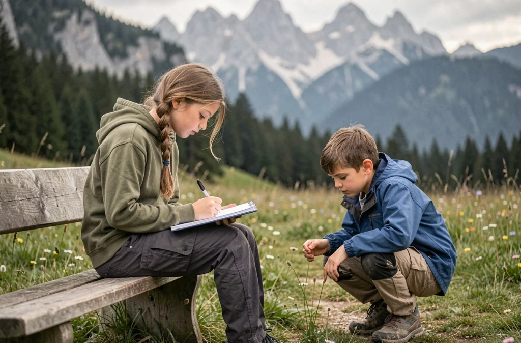 Adolescente dessinant dans un carnet en pleine nature alpine près d'Oberammergau, avec son petit frère explorant les fleurs sauvages dans une prairie bavaroise