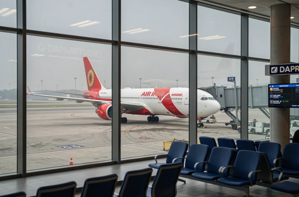 Avion Air India de type Boeing garé au terminal d'un aéroport international vu depuis la salle d'embarquement