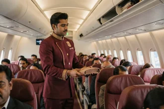 Hôtesse de l'air Air India en uniforme bordeaux servant un passager en classe économique à bord d'un long-courrier