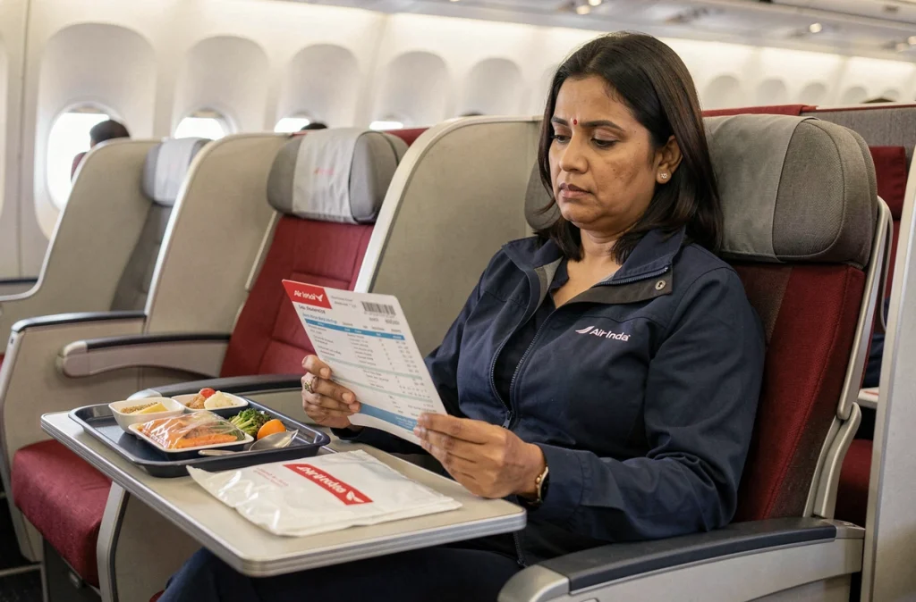 Passagère en classe affaires Air India examinant son billet et itinéraire à bord d'un vol long-courrier