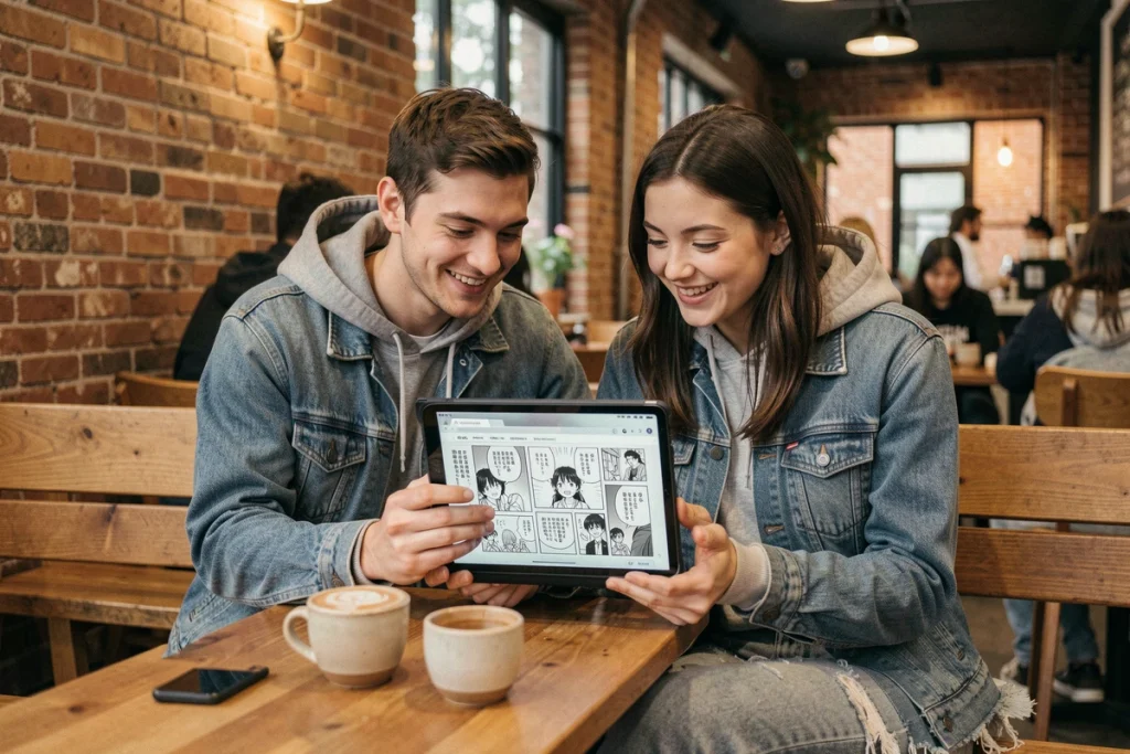 Deux amis partageant une lecture de manga boylove sur tablette dans un café, application Zinchan visible