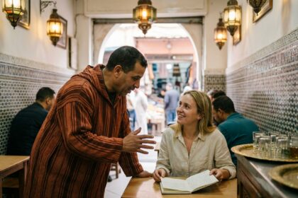 Un homme marocain en djellaba échange des mots de darija avec une touriste dans un café traditionnel de la médina de Marrakech