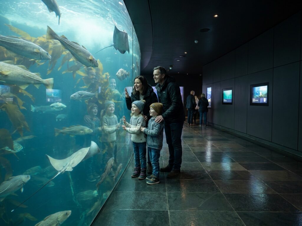 Famille découvrant un aquarium intérieur en Bretagne sous la pluie, enfants fascinés par les poissons atlantiques devant un grand bassin panoramique