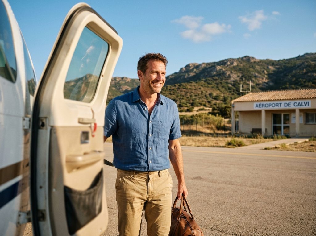 Homme souriant à son arrivée à l'aéroport de Corse après un vol depuis Paris, paysage méditerranéen en arrière-plan