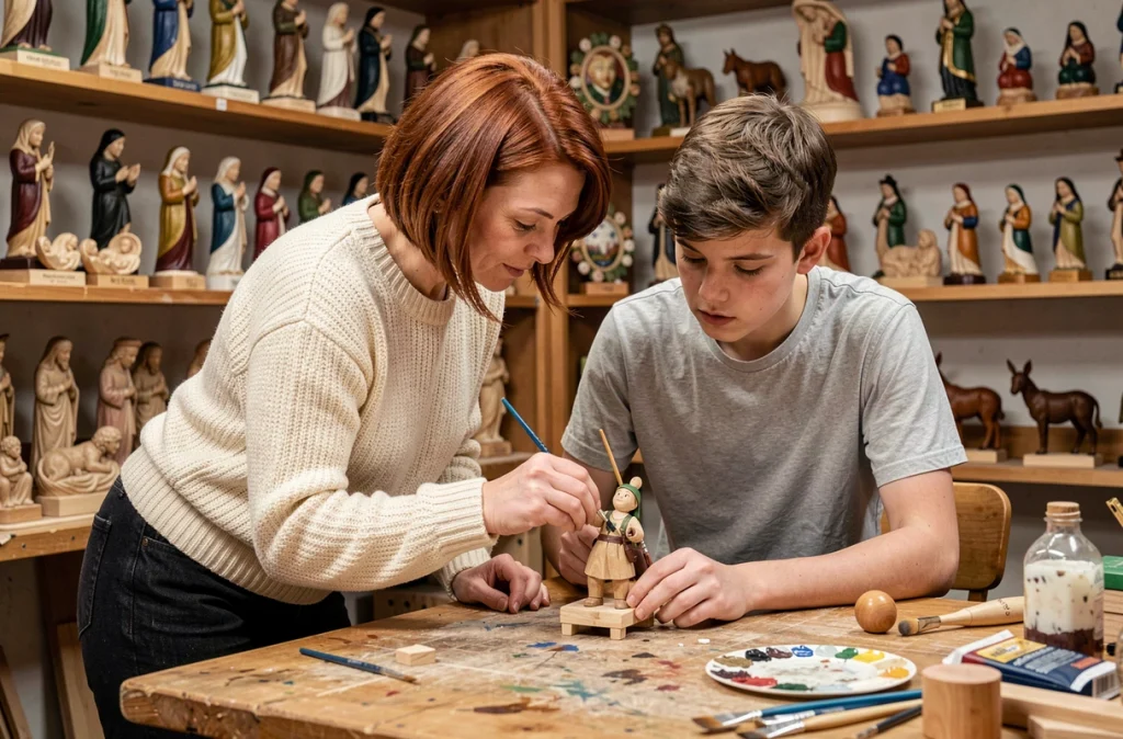 Mère et son fils adolescent peignant des figurines en bois dans un atelier d'artisanat traditionnel bavarois à Oberammergau