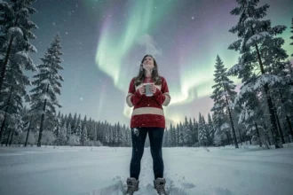 Femme contemplant les aurores boréales dans une forêt enneigée en Laponie finlandaise