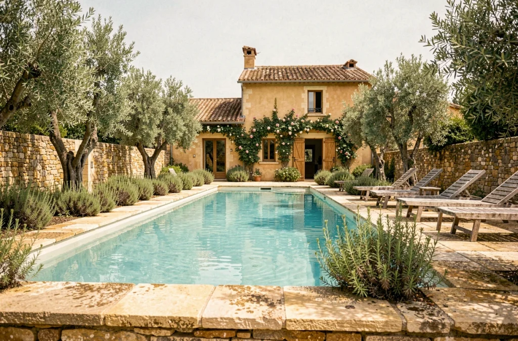 Piscine turquoise de La Bastide de Marie à Ménerbes, encadrée de murs en pierres sèches et d'oliviers centenaires