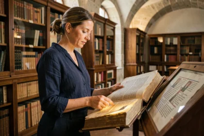 Femme consultant un manuscrit médiéval enluminé à la Bibliothèque Humaniste de Sélestat