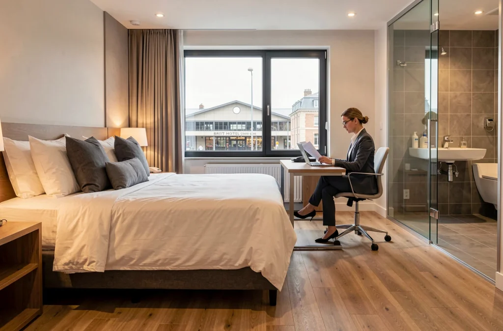 Chambre supérieure rénovée du Brit Hotel Limoges Centre Gare avec lit king-size, parquet chêne et vue sur le parvis de la gare depuis un bureau moderne
