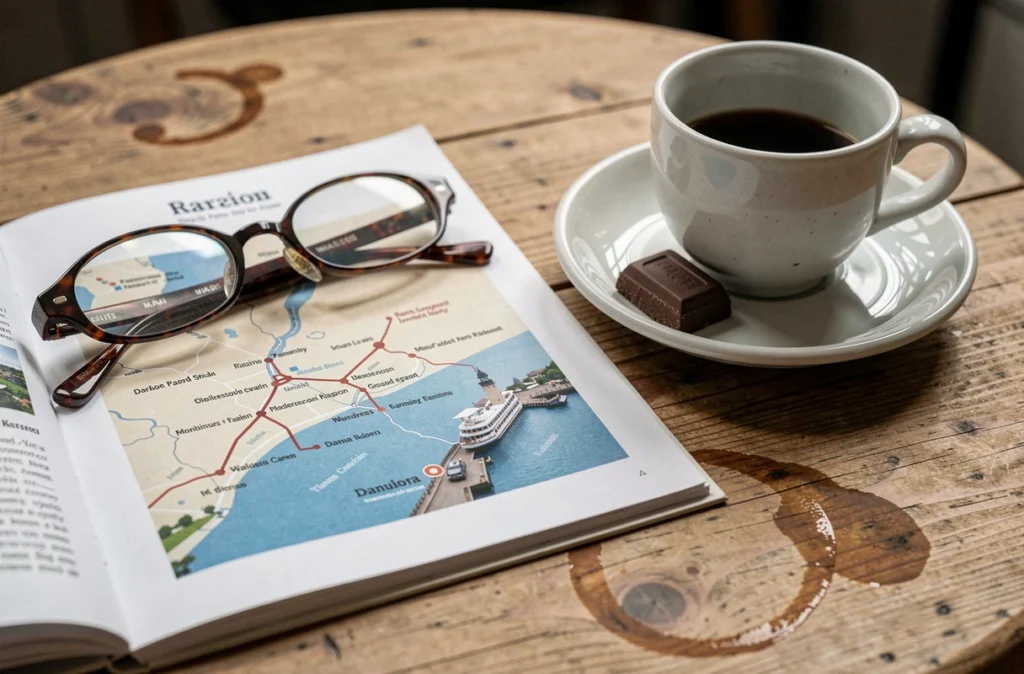 Brochure de croisière sur le Danube ouverte sur une table de café viennois avec un café