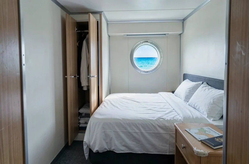 Cabine intérieure d'un bateau de croisière abordable avec hublot donnant sur les Caraïbes