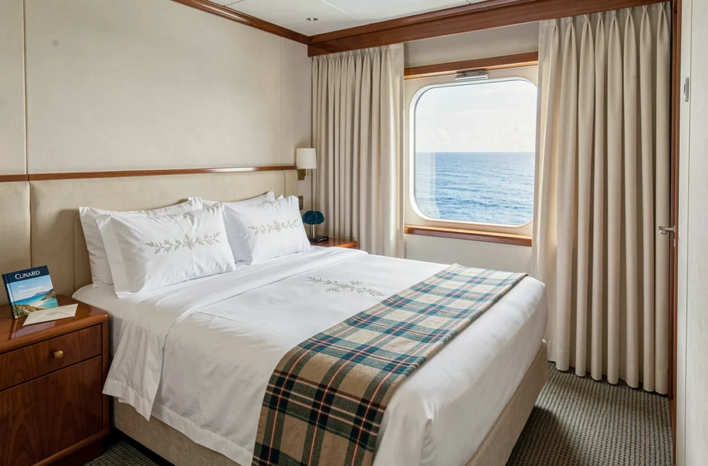 Cabine avec vue sur mer d'un paquebot Cunard, intérieur élégant avec hublot et literie blanche