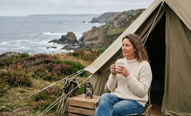 Femme en pull écru assise devant une tente de camping sur une falaise bretonne face à l'océan Atlantique