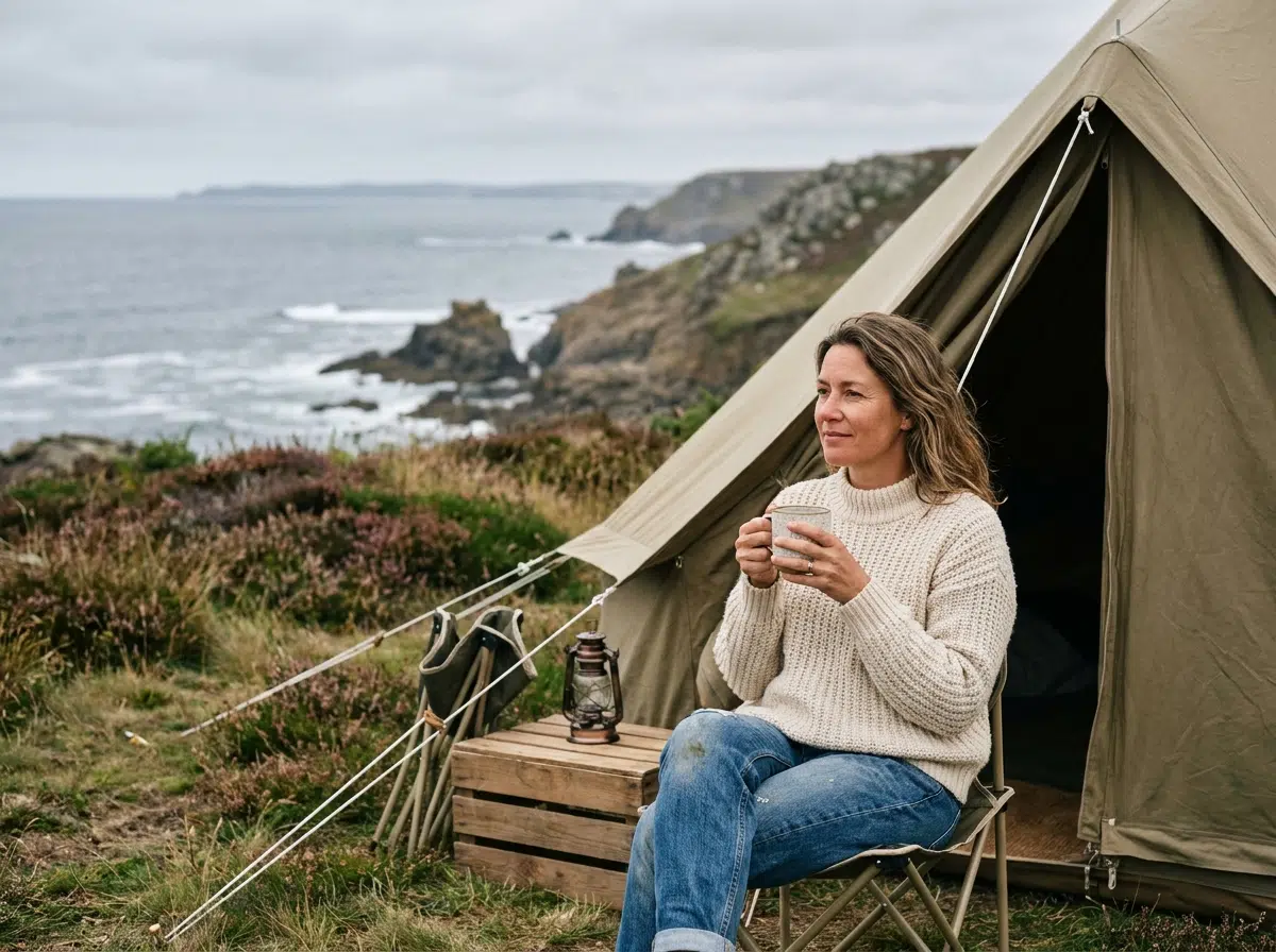 Femme en pull écru assise devant une tente de camping sur une falaise bretonne face à l'océan Atlantique