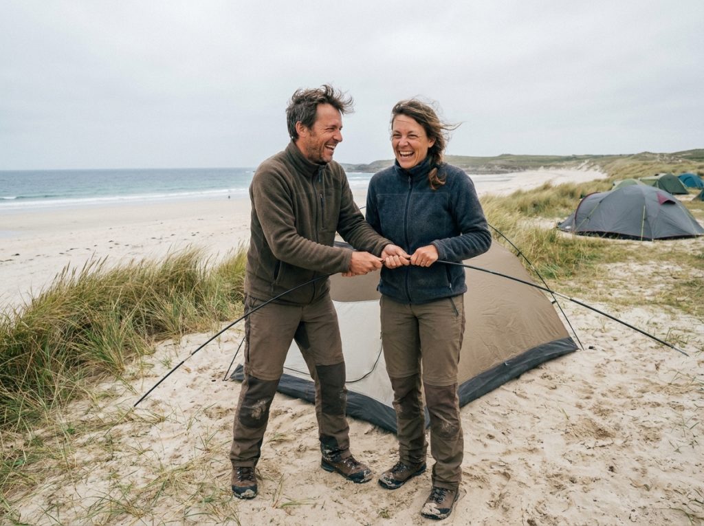 Couple montant une tente sur un camping en bord de mer en Bretagne avec plage de sable en arrière-plan