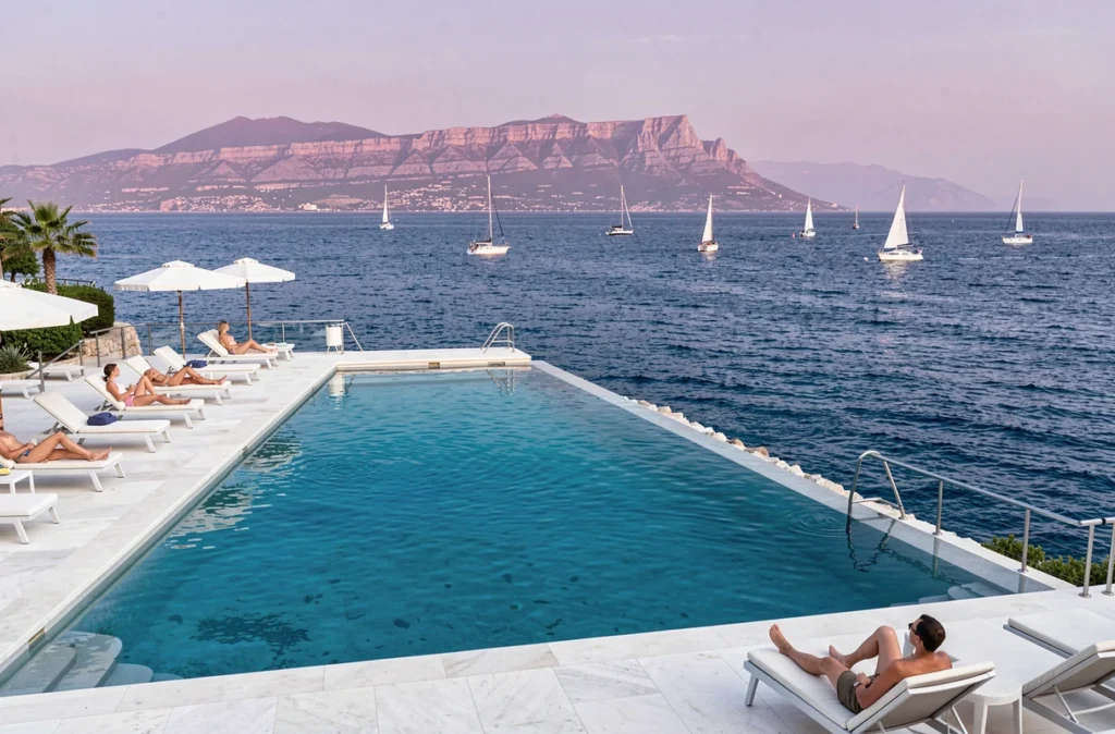 Piscine du Cap d'Antibes Beach Hotel avec vue directe sur la mer Méditerranée et les montagnes de l'Estérel en arrière-plan