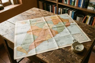 Carte détaillée du Sénégal posée sur une table en bois avec annotations et boussole vintage