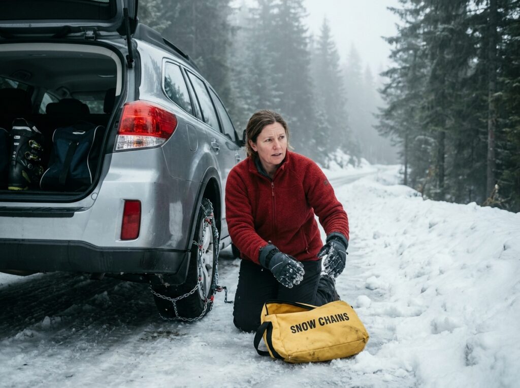 Femme posant des chaînes à neige sur une voiture SUV en montagne lors d'un voyage au ski en Autriche