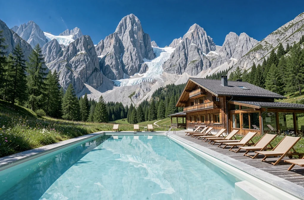 Piscine du Chalet-Hôtel d'Ailefroide à Pelvoux avec vue spectaculaire sur les sommets rocheux et les glaciers du Parc national des Écrins