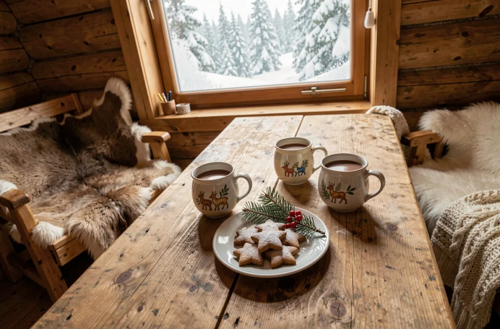 Table rustique en chalet lappon avec chocolat chaud et biscuits de Noël en étoile