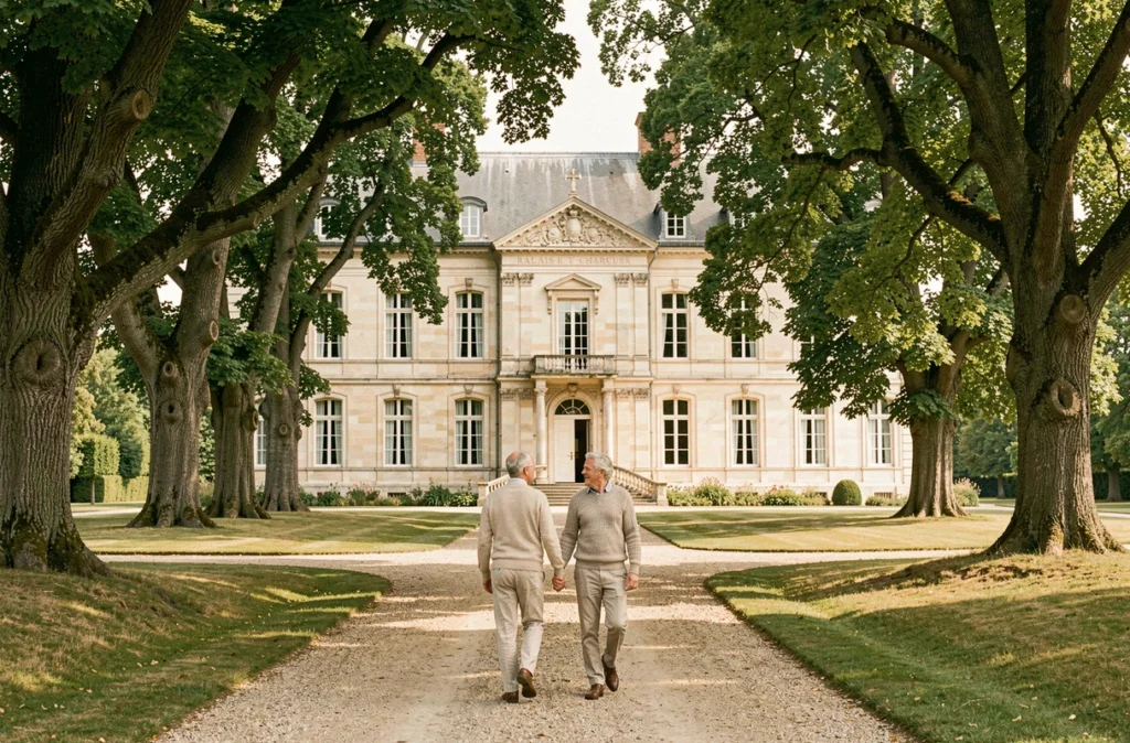 Château d'Audrieu Relais et Châteaux vu depuis l'allée de gravier avec un couple se promenant vers la façade classique en calcaire