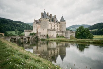 Château fort médiéval en France surplombant une vallée verdoyante avec pont-levis et douves, idéal pour des vacances historiques en 2026