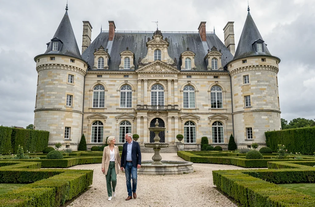 Façade du Château Hôtel Grand Barrail à Saint-Émilion avec ses tours à toits coniques en ardoise et son jardin à la française avec fontaine centrale