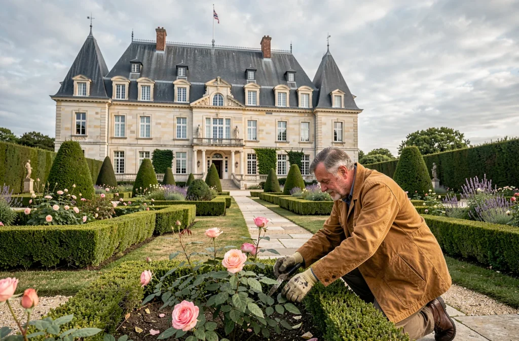 Château La Chenevière à Port-en-Bessin entouré de jardins à la française avec un jardinier soignant les rosiers au premier plan