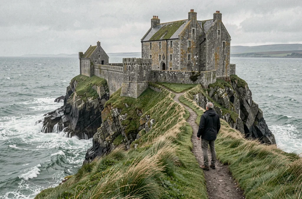 Château médiéval écossais en pierre sur une falaise côtière avec un randonneur contemplant la mer agitée