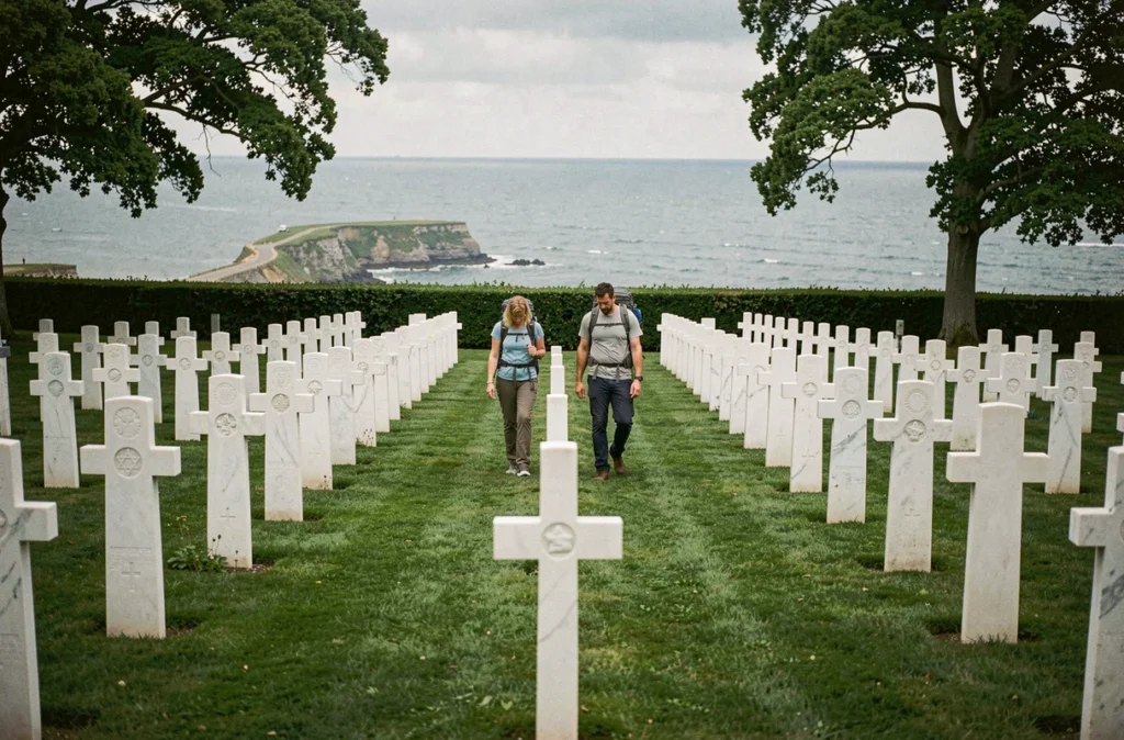 Visiteurs marchant respectueusement dans le cimetière américain de Colleville-sur-Mer avec vue sur la côte normande