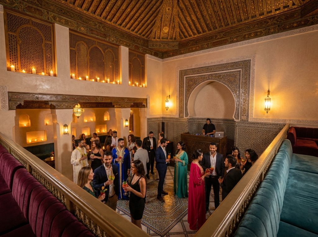 Ambiance festive dans un club et lounge de nuit à Marrakech installé dans un palais marocain avec plafond en cèdre peint et piste de danse en mosaïque