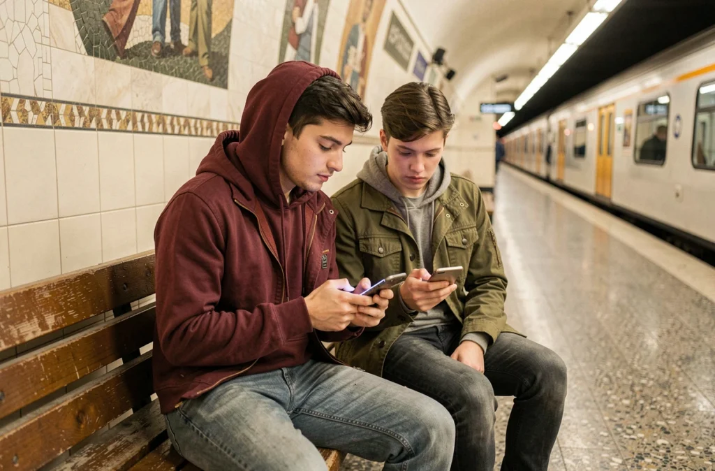 Un couple consulte une application de transport en commun assis sur un banc dans une station de métro de Belgrade