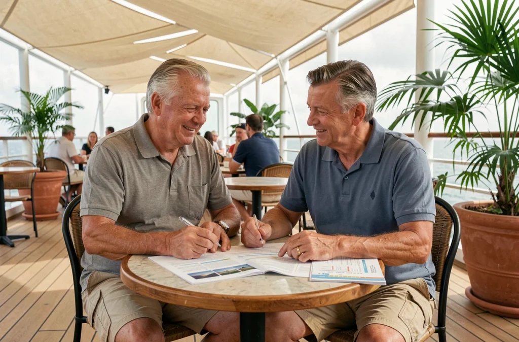 Couple consultant une brochure de croisière aux Caraïbes sur le pont d'un navire