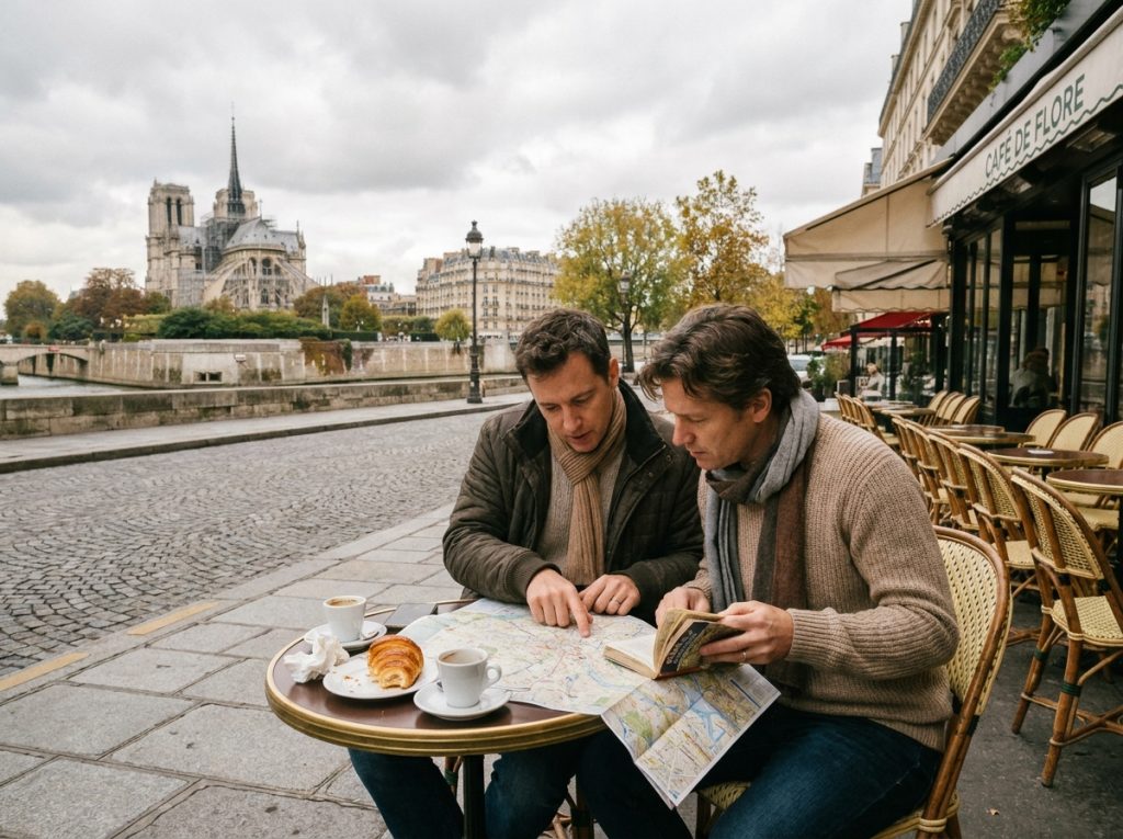 Couple consultant une carte de Paris en terrasse de café avec la cathédrale Notre-Dame visible en arrière-plan