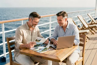 Couple comparant des offres de croisière pas chère sur un pont de bateau avec vue sur la mer