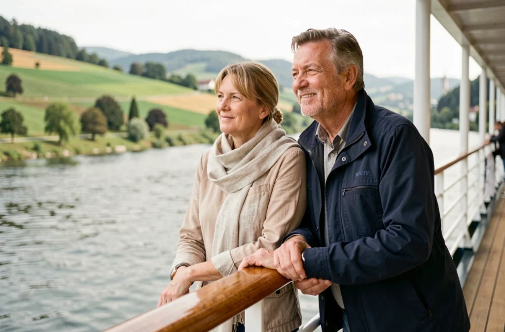 Couple profitant d'une croisière sur le Danube depuis le pont d'un bateau de rivière