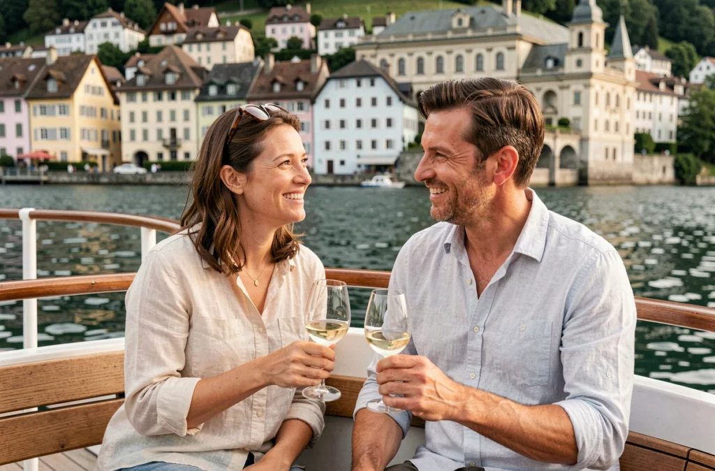 Couple profitant d'une croisière romantique sur le lac d'Annecy avec vue sur la vieille ville