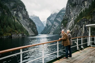 Couple de voyageurs sur le pont d'un bateau de croisière contemplant les falaises d'un fjord norvégien