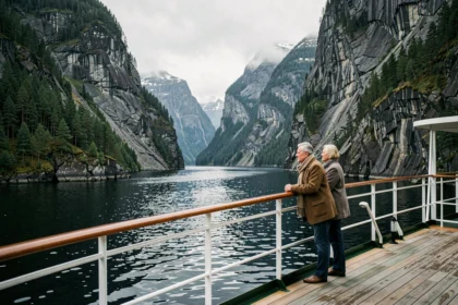Couple de voyageurs sur le pont d'un bateau de croisière contemplant les falaises d'un fjord norvégien