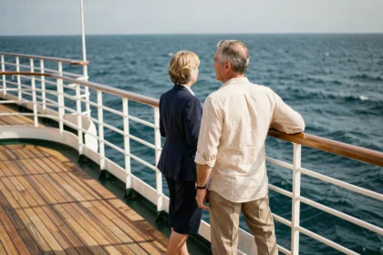 Couple élégant sur le pont avant d'un paquebot Cunard en pleine mer Atlantique