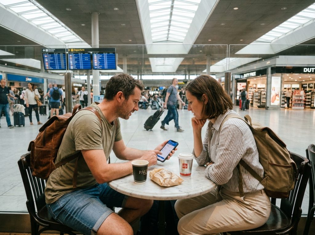 Couple consultant une application de réservation de vol pour partir en Corse depuis l'aéroport Charles de Gaulle