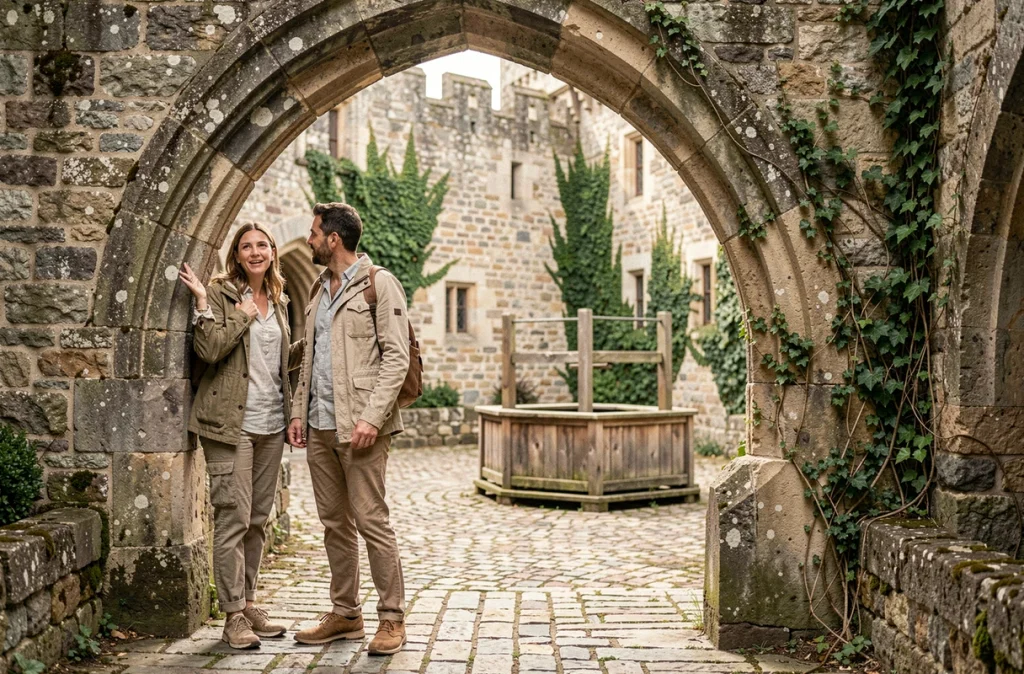Couple de touristes explorant la cour intérieure d'un château fort français, découvrant une arche en pierre médiévale lors de leurs vacances