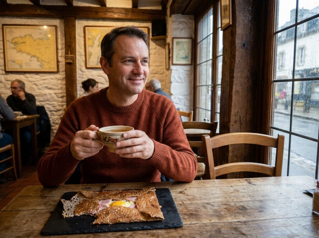 Homme dégustant une galette bretonne et un bol de cidre dans une crêperie traditionnelle en Bretagne par temps de pluie