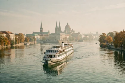 Bateau de croisière sur le Danube avec la skyline de Vienne en arrière-plan à l'automne