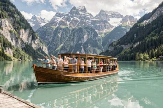 Bateau de croisière naviguant sur le lac d'Annecy avec les Alpes en arrière-plan