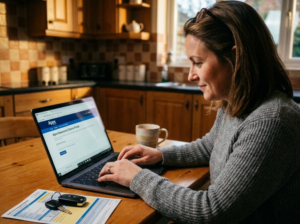 Femme déclarant un sinistre auto en ligne depuis chez elle le week-end sur un ordinateur portable