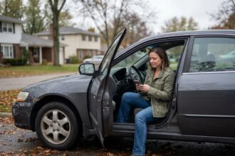 Femme utilisant son smartphone pour déclarer un sinistre auto en ligne depuis sa voiture endommagée un week-end