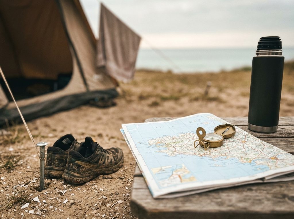 Détail de table de camping avec carte de la côte bretonne, boussole et matériel de randonnée au bord de mer