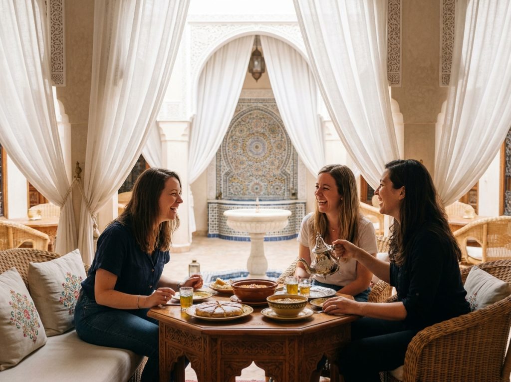 Dîner convivial dans un riad de Marrakech avec fontaine en mosaïque, plats marocains traditionnels et décor en stuc sculpté