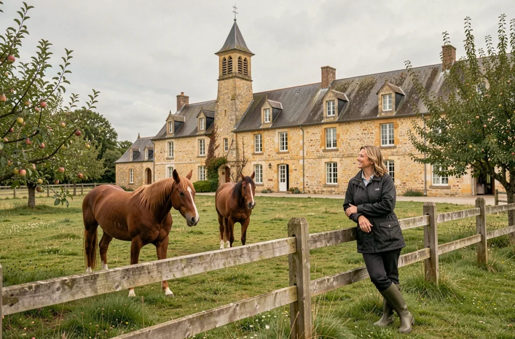 Domaine Coeurmandie dans le bocage du Calvados avec son corps de ferme en pierre, ses chevaux au pré et une hôte appuyée sur la clôture